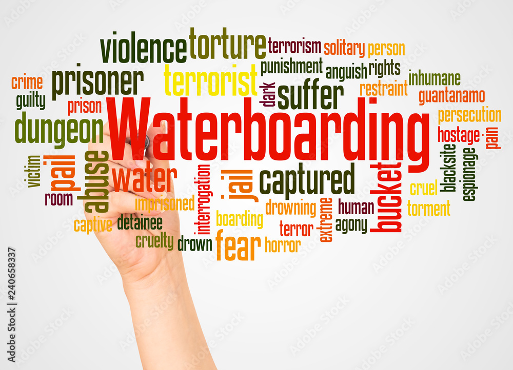Waterboarding word cloud and hand with marker concept Stock