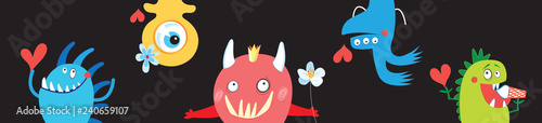 Festive banner with multicolored isolated funny monsters in love.
