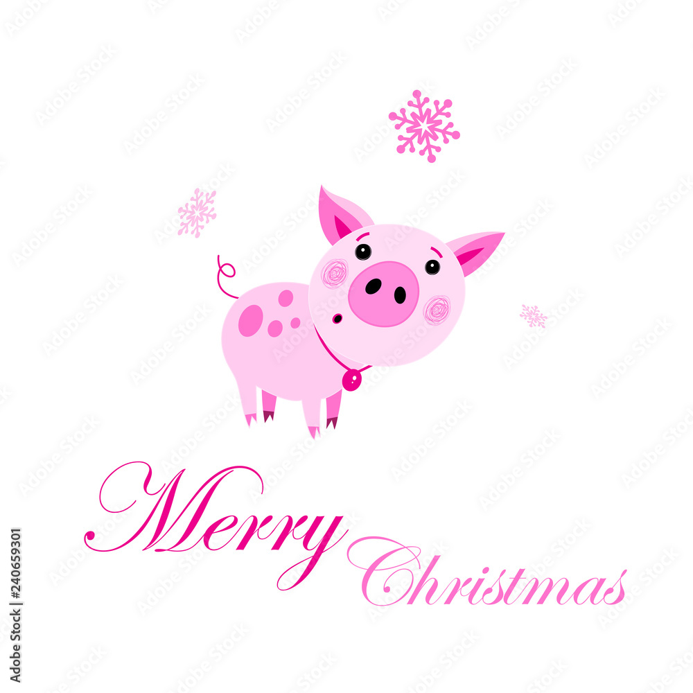 Festive Christmas card with a pink vector funny pig Festive Christmas card with a pink vector funny pig