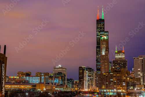 Chicago skyline at twilight.