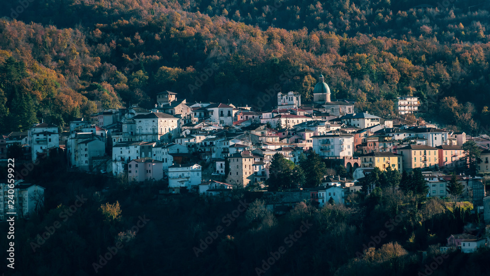 Italian village on the hill of Atina amid the winter Apennines mountains