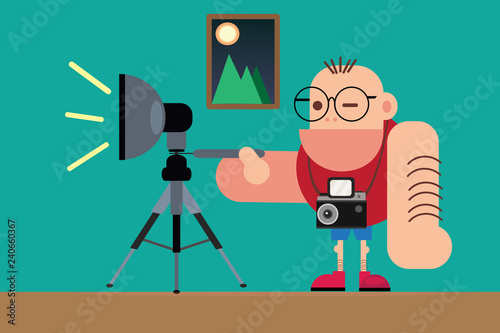 Photographer or vlogger man shooting videos and setting light