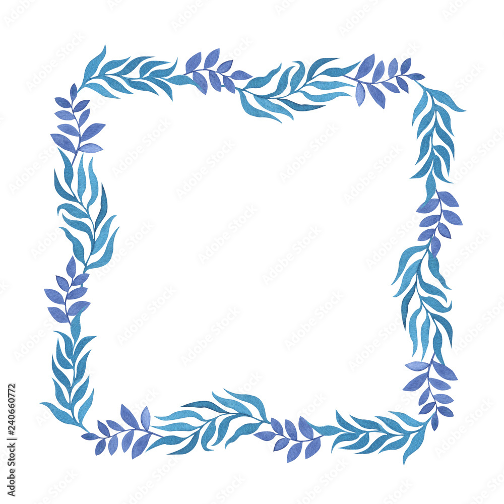 Frame from fantasy watercolor hand drawn leaves in blue colors. Isolated on white background. Background can be changed Frame from fantasy watercolor hand drawn leaves in blue colors. Isolated on white background. Background can be changed