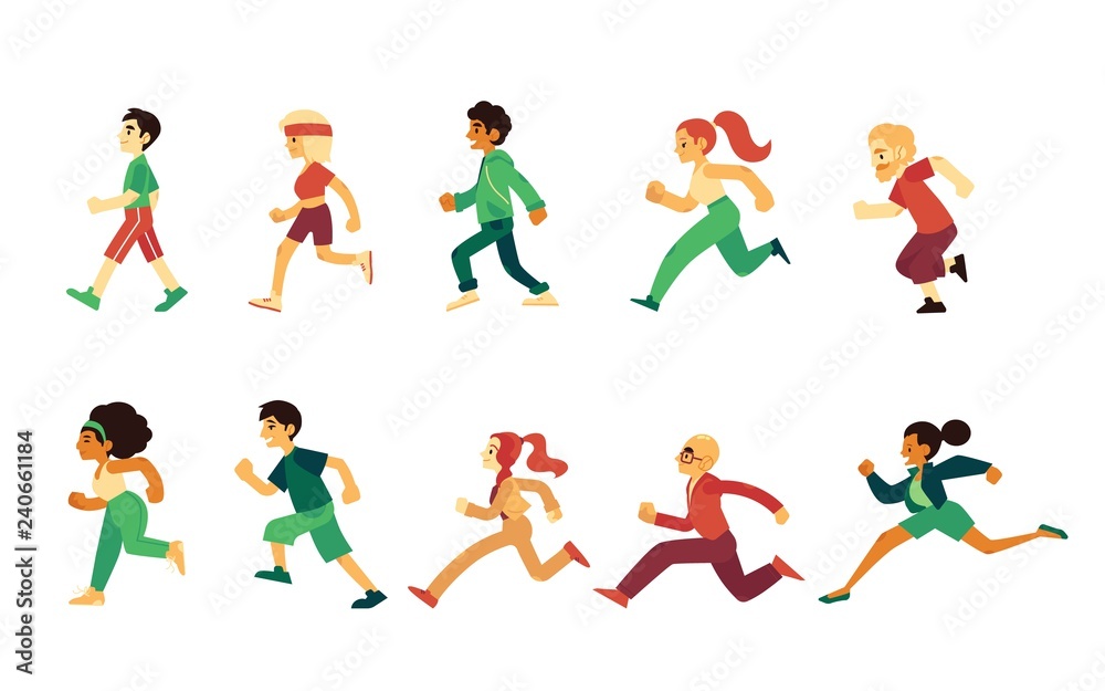 Vector sport people running jogging set. Male, female characters doing sports. Men, women runners working out. Adult people, young teenagers and senior person athletic collection.