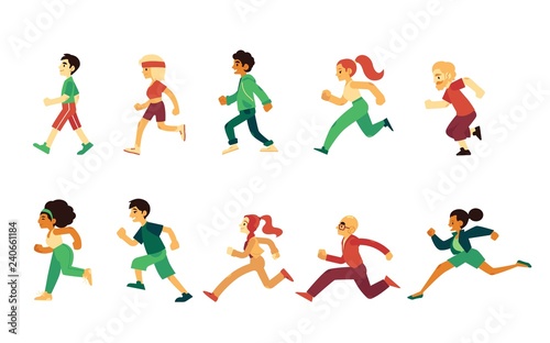 Vector sport people running jogging set. Male  female characters doing sports. Men  women runners working out. Adult people  young teenagers and senior person athletic collection.