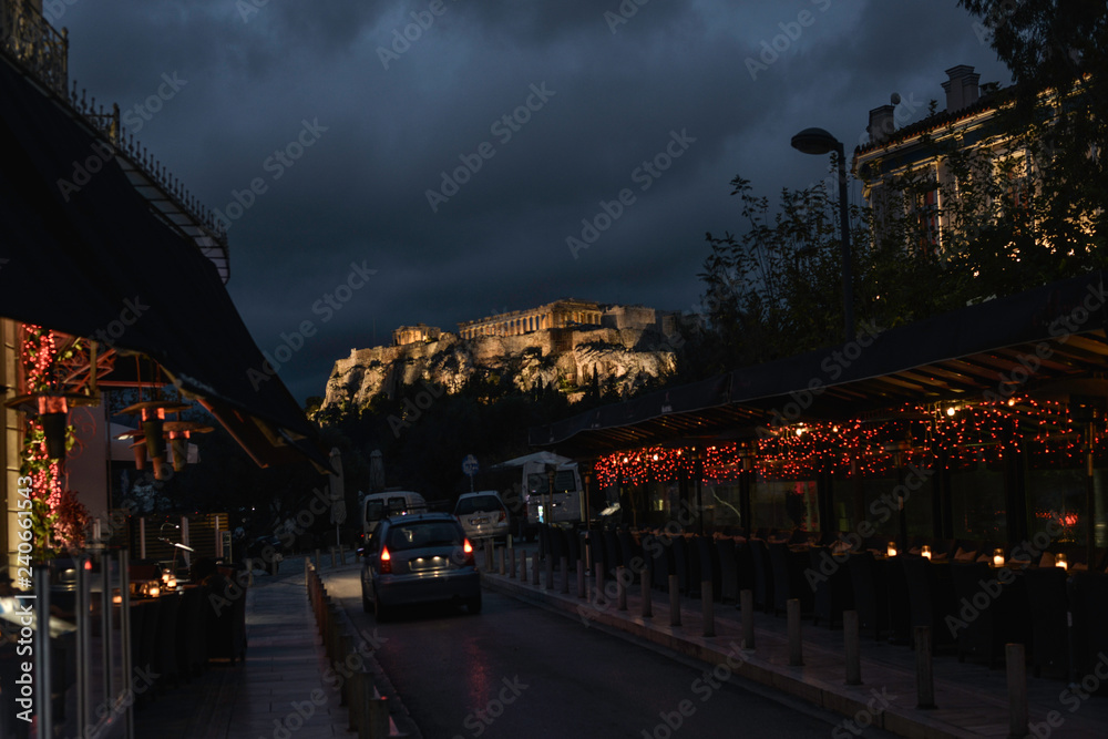 Acropolis at night winter time