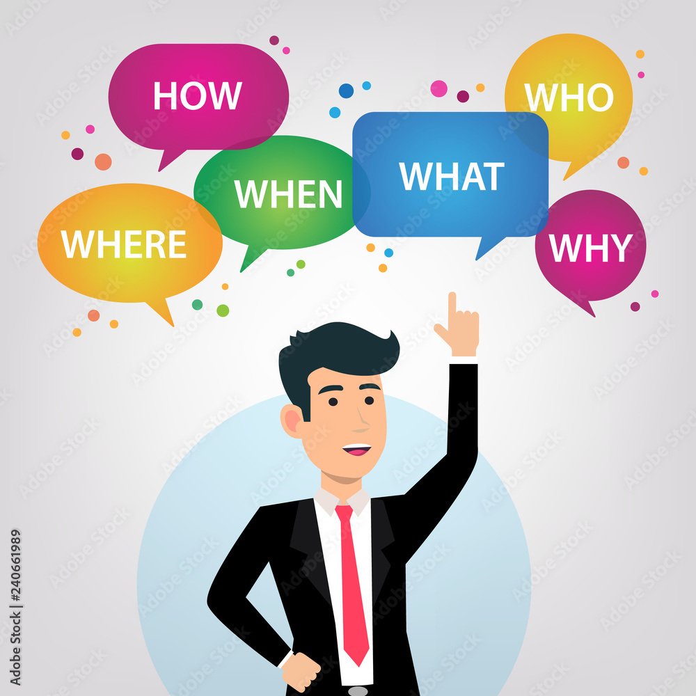 Question design in speech bubbles with businessman