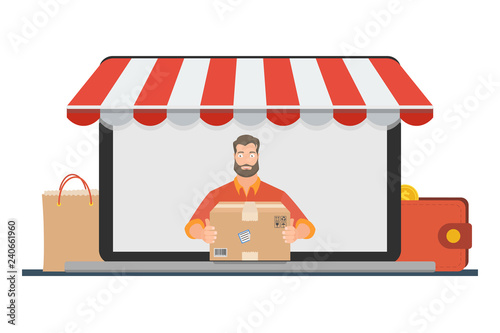 The concept of online shopping, online store, buying online store through a laptop computer. laptop computer with awning. Vector illustration.