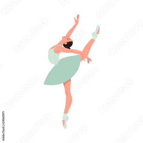 Vector elegant ballerina in green tutu dress, dancing on pointe shoes. Female beautiful classic theater dancer character on isolated background. Ballet artist illustration
