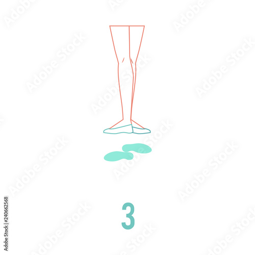 Vector illustration of ballerina feet in pointe shoes standing in third ballet position in flat line style isolated on white background - female legs performing classical ballet technique.
