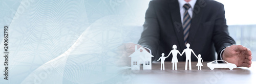 Concept of home, family and car insurance. panoramic banner