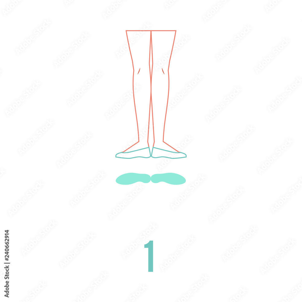 Fototapeta premium Vector illustration of ballerina feet in pointe shoes standing in first classical ballet position in flat line style isolated on white background - female legs showing ballet technique.