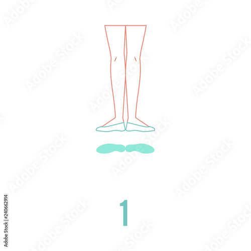 Vector illustration of ballerina feet in pointe shoes standing in first classical ballet position in flat line style isolated on white background - female legs showing ballet technique.