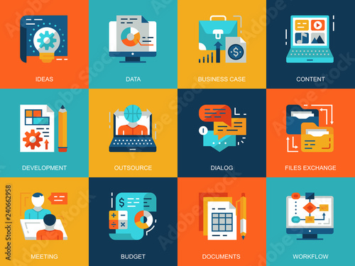 Flat conceptual project management icons concepts set for website and mobile site and apps. Business data and documents workflow. Flat style pictogram pack. Vector illustration.