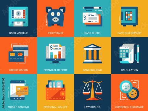 Flat conceptual banking and finance icons concepts set for website and mobile site and apps. E-banking, money and credit cards. Flat style pictogram pack. Vector illustration.