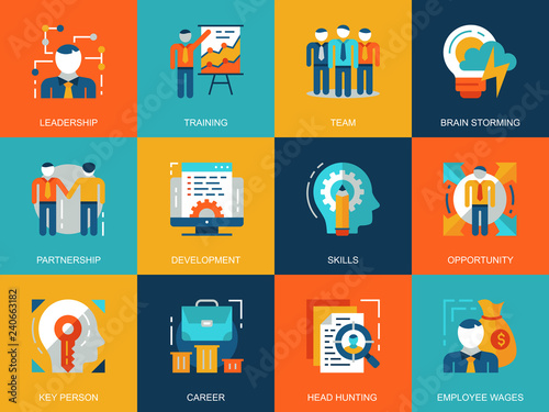 Flat conceptual corporate development icons concepts set for website and mobile site and apps. Leadership skills, team training, business career. Flat style pictogram pack. Vector illustration.