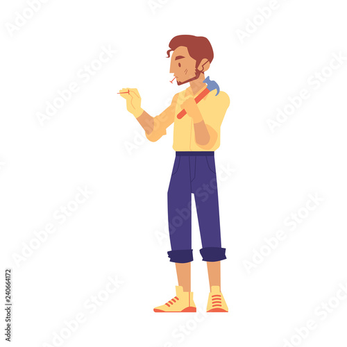Vector repairman driving nails holding claw hummer. Handsome man in uniform doing mechanical service job. House renovation or repair industry professional. Isolated illustration