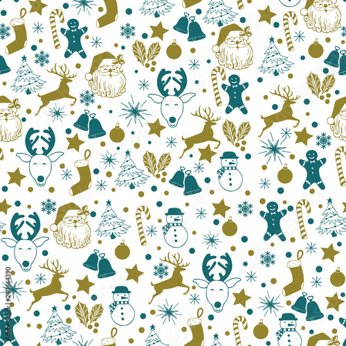 Christmas seamless gold and blue pattern on white background with deer, snowman, candy, sock, star, snowflake holiday icons, New Year celebration elements. Design for fashion print, wrapping