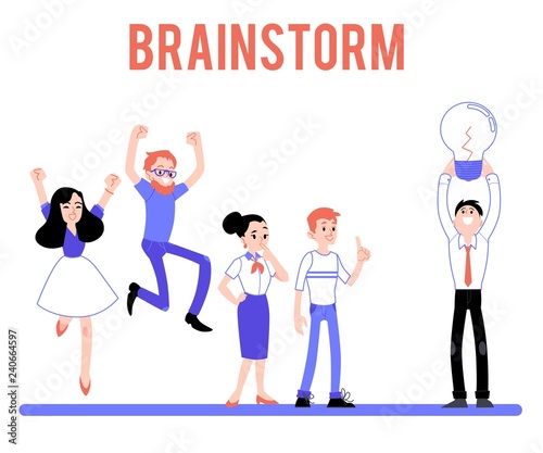 Vector brainstorm character concept. Male, female business people coming up with idea, holding light bulb as creativity symbol, jumping raising hands in sign of success, thinking.