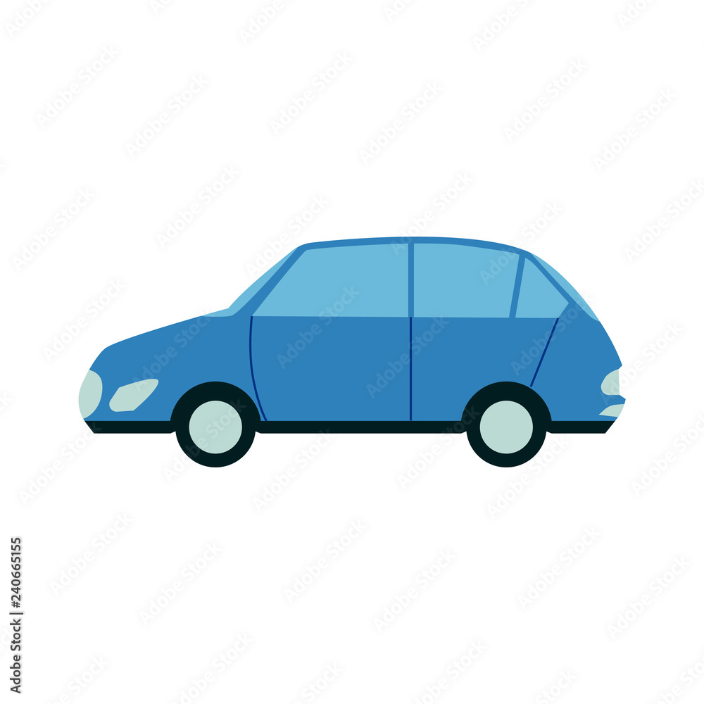 Blue passenger city car side view in flat style isolated on white background - auto vehicle. Vector illustration of family wagon automobile - wheel motor transportation.