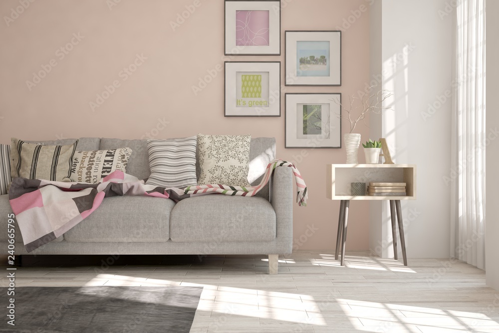 Fototapeta premium Idea of white minimalist room with sofa. Scandinavian interior design. 3D illustration