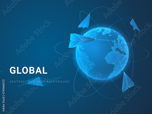 Abstract modern business background vector depicting globality in shape of paper planes flying around Planet Earth on blue background.