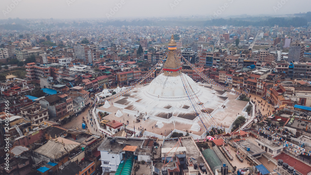 Stupa temple Bodhnath Kathmandu, Nepal from air October 12 2018