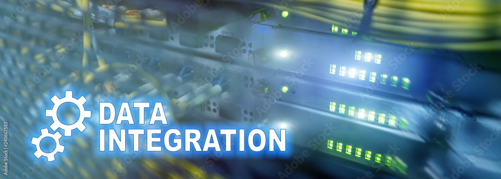Obraz premium Data integration information technology concept on server room background.