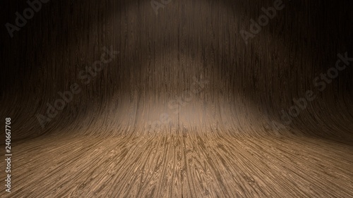 Empty wooden studio curved floor dark background