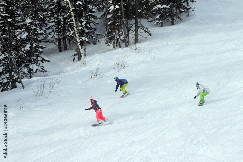 snowboarders on the slope of the mountain
