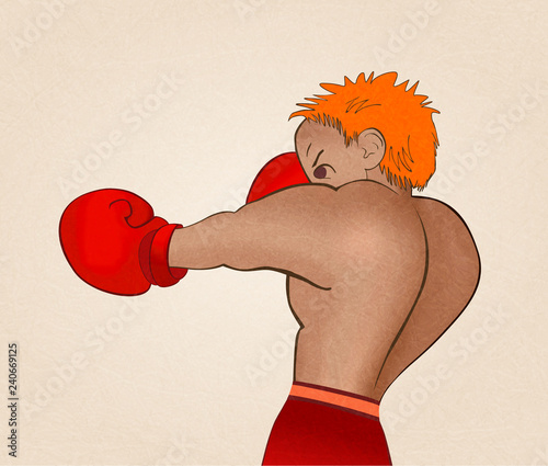 Young boxer in red shorts trained on light background. Isolated  illustration for emblem, label, badge, flier, leaflet. Vector with noise and texture, marble textured background. Horizontal.
