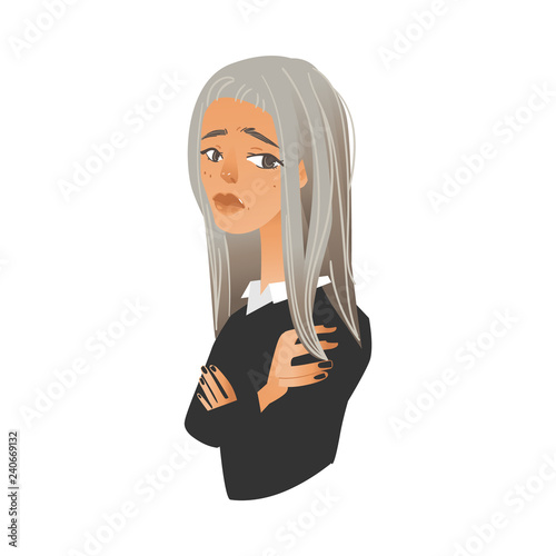 Upset offended young woman standing with crossed arms in flat cartoon style isolated on white background - vector illustration of frustrated unsatisfied and displeased female character.