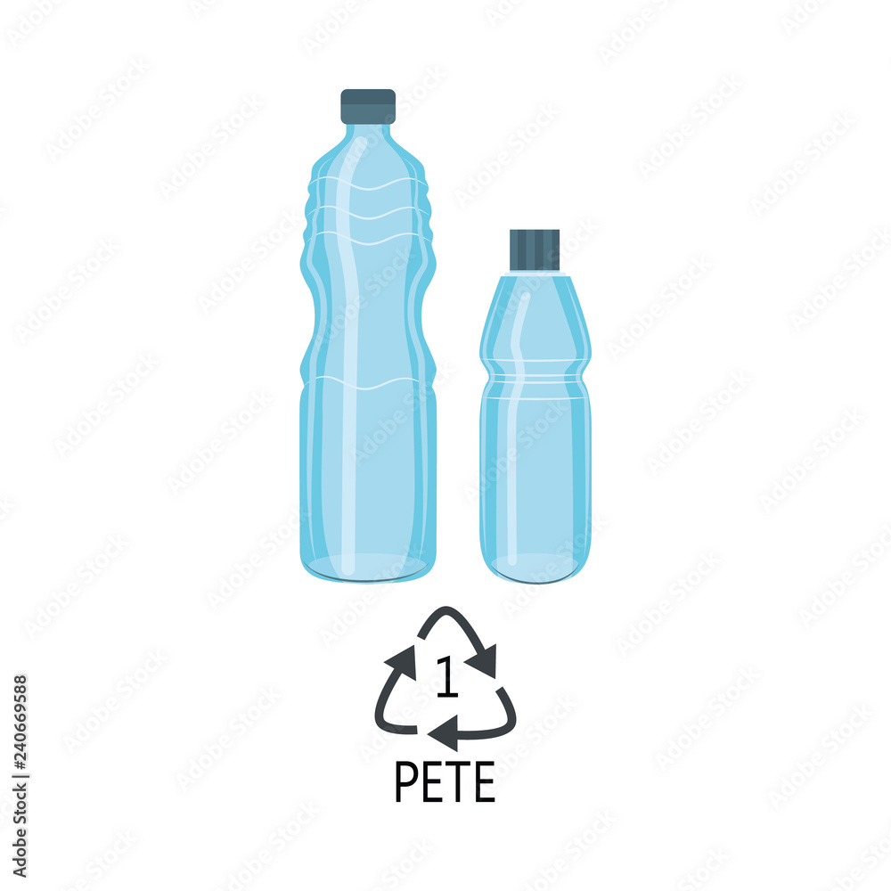 Vector plastic bottles PETE mark icon. Blue clean container for bottled mineral water, fresh beverage or juice that can be recycled. Sport drink empty bottle packaging. Isolated illustration