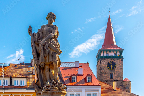 Fountain statue and Valdice Gate, or Valdicka brana, in Jicin, Czech Republic
