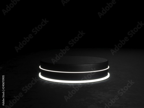 Round podium, pedestal or platform, illuminated by led spotlights. illustration. Bright lightpodium. Advertising place. Blank product stand and Abstract background with light. 3d Rendering. photo