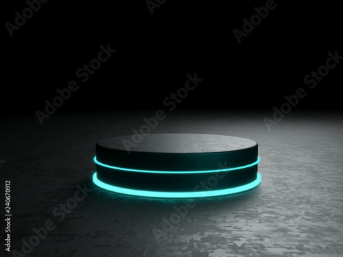 Round podium, pedestal or platform, illuminated by led spotlights. illustration. Bright lightpodium. Advertising place. Blank product stand and Abstract background with light. 3d Rendering. photo