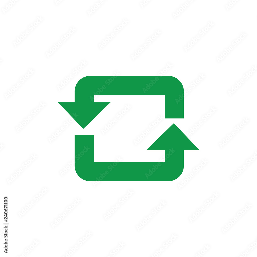Recycle and reuse symbol with green arrows in rectangular form isolated on white background. Using of eco friendly biodegradable materials and zero waste concept in vector illustration. Recycle and reuse symbol with green arrows in rectangular form isolated on white background. Using of eco friendly biodegradable materials and zero waste concept in vector illustration.