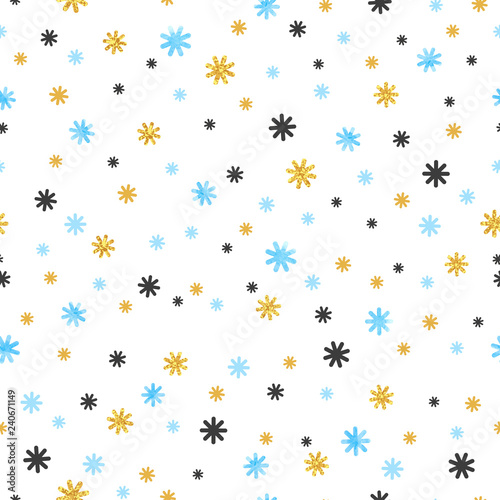 Seamless snowflakes pattern in blue, black and golden colors. Christmas background. Wrapping paper.