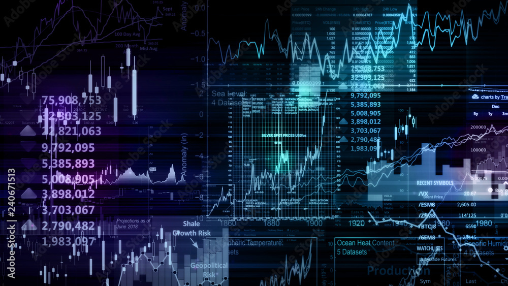 3D rendering of stock indexes in virtual space. Economic growth, recession 3D rendering of stock indexes in virtual space. Economic growth, recession