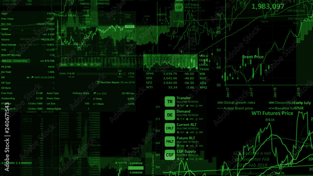 3D rendering of stock indexes in virtual space. Economic growth, recession