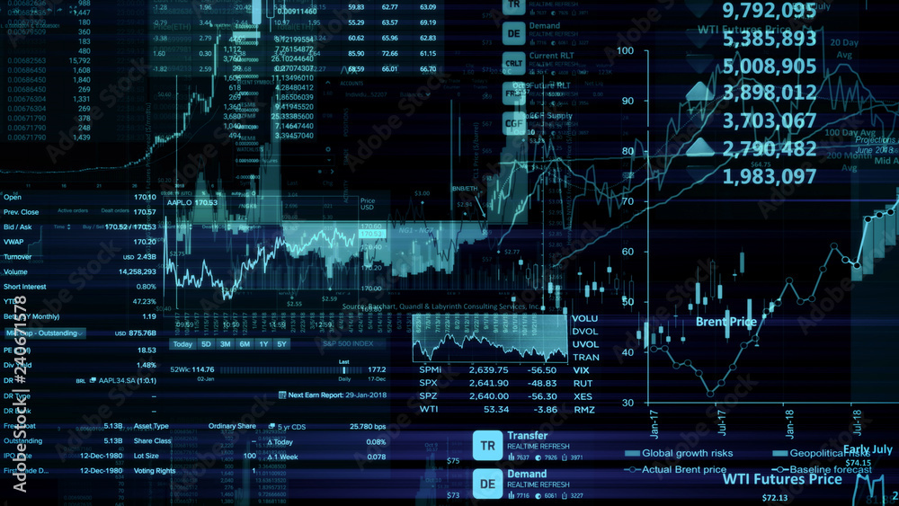 3D rendering of stock indexes in virtual space. Economic growth, recession