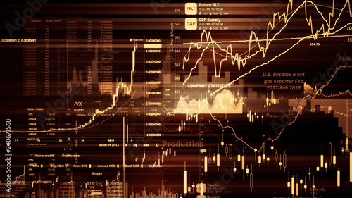 3D rendering of stock indexes in virtual space. Economic growth, recession