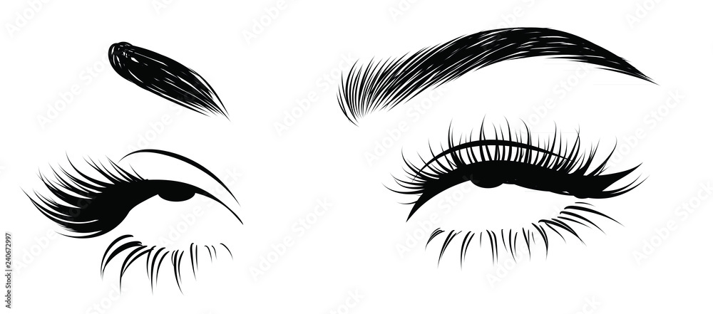 Fototapeta Abstract fashion illustration of the eye with creative makeup. Hand drawn vector idea for business visit cards, templates, web, salon banners,brochures. Natural eyebrows and glam eyelashes