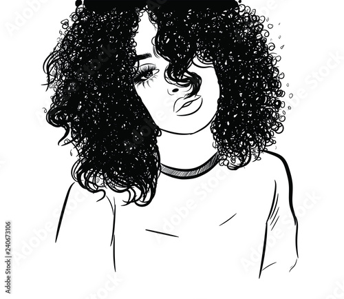 Curly beauty girl illustration isolated on clear background with long hair. Hand draw idea for business cards, templates, web, brochure, posters, postcards, salon