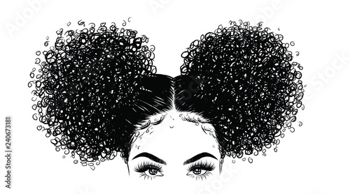 Curly beauty girl illustration isolated on clear background. Double buns with long hair. Hand draw idea for business cards, templates, web, brochure, posters, postcards, salon photo