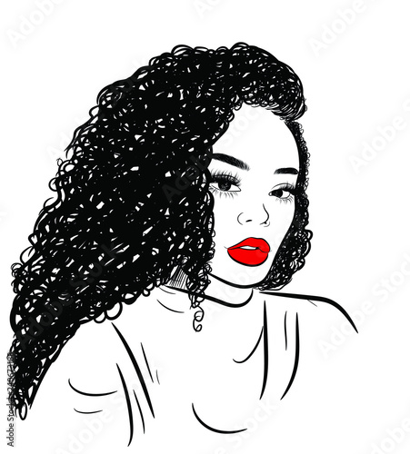 Curly beauty girl illustration isolated on clear background with long hair. Hand draw idea for business cards, templates, web, brochure, posters, postcards, salon