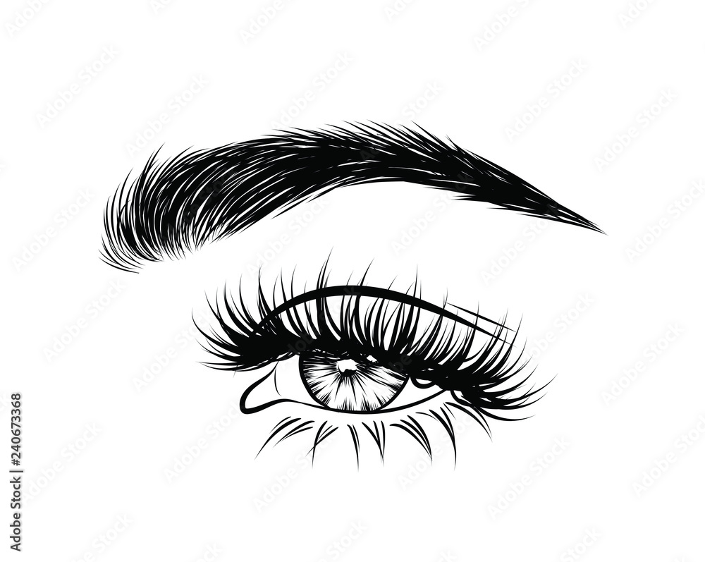 Obraz premium Abstract fashion illustration of the eye with creative makeup. Hand drawn vector idea for business visit cards, templates, web, salon banners,brochures. Natural eyebrows and glam eyelashes