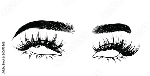 Abstract fashion illustration of the eye with creative makeup. Hand drawn vector idea for business visit cards, templates, web, salon banners,brochures. Natural eyebrows and glam eyelashes