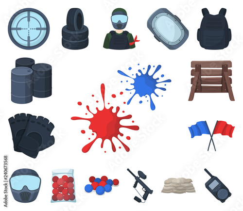 Paintball, team game cartoon icons in set collection for design. Equipment and outfit vector symbol stock web illustration.