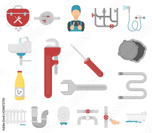 Plumbing, fitting cartoon icons in set collection for design. Equipment and tools vector symbol stock web illustration.